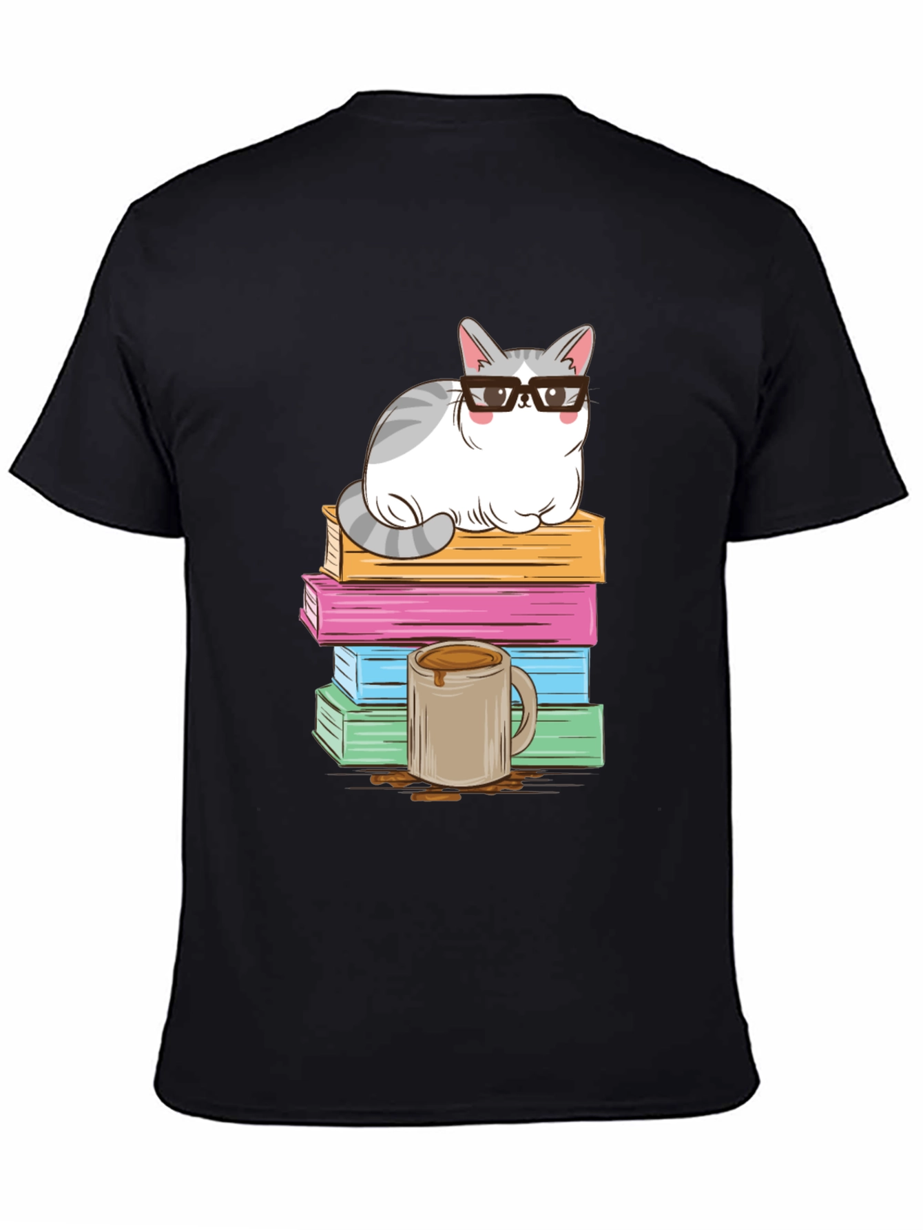 Black Cat with Glasses on Books T-Shirt view 4