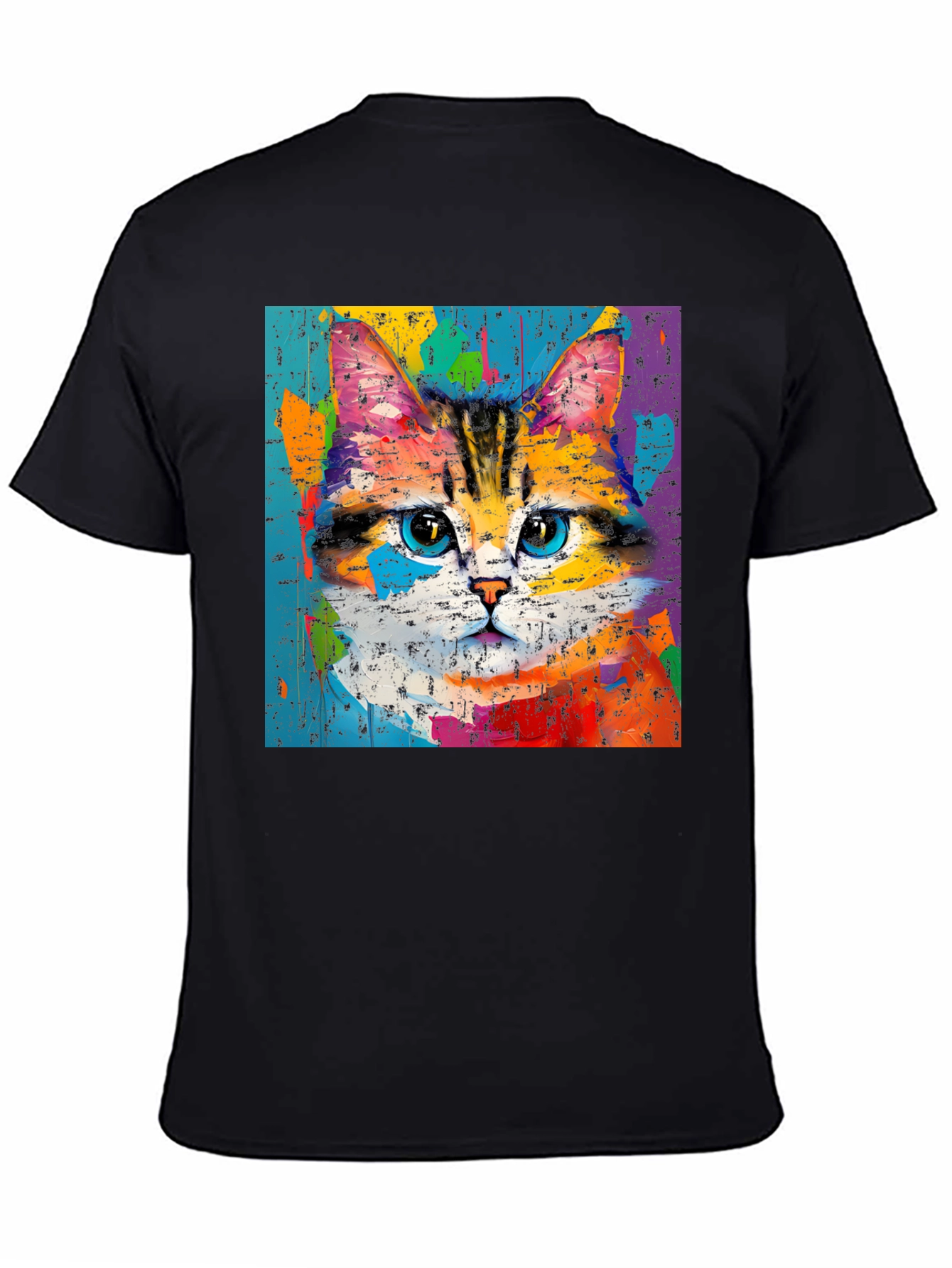 Black Colorful Cat Art T-Shirt view 4