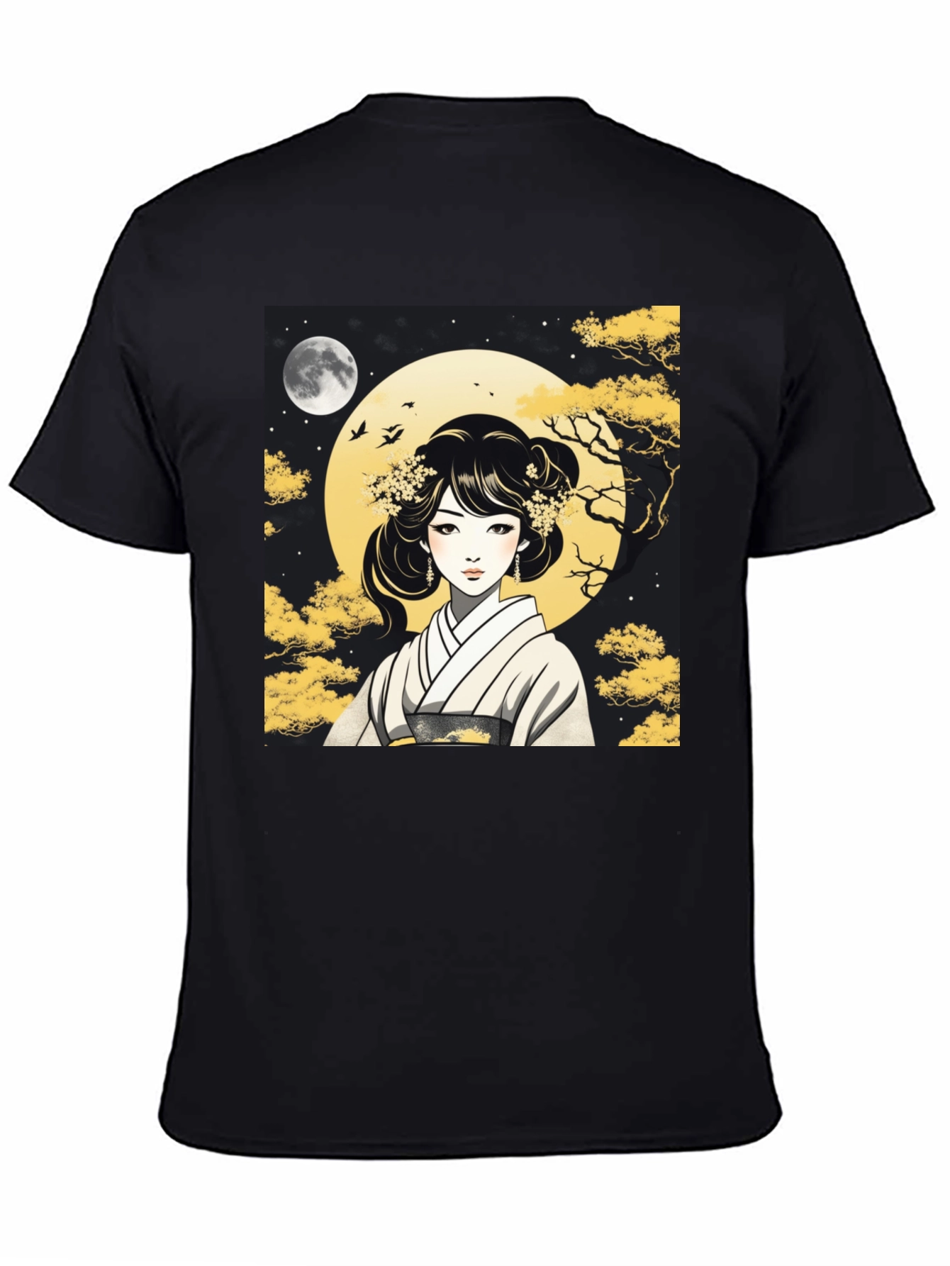 Black Asian Woman T-Shirt - Moonlit Kimono Design view 4
