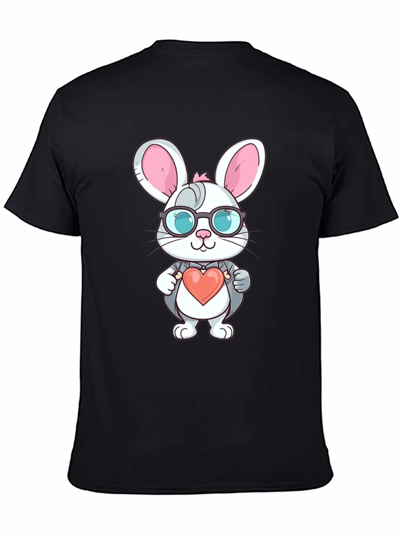 Cute Bunny Heart Valentine's Black T-Shirt - 4