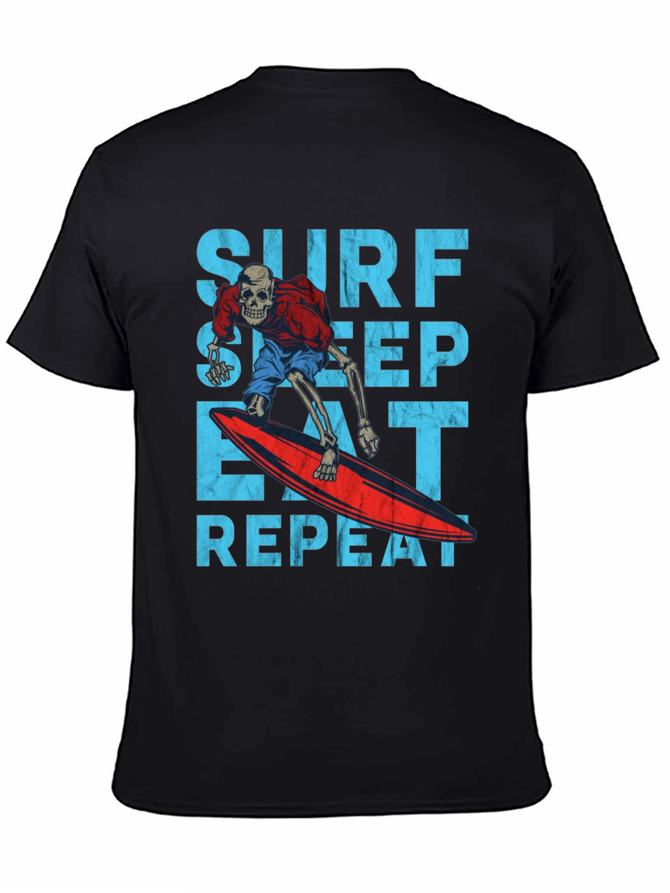 Black Surf Sleep Eat Repeat Skeleton Surfer Graphic Tee view 4