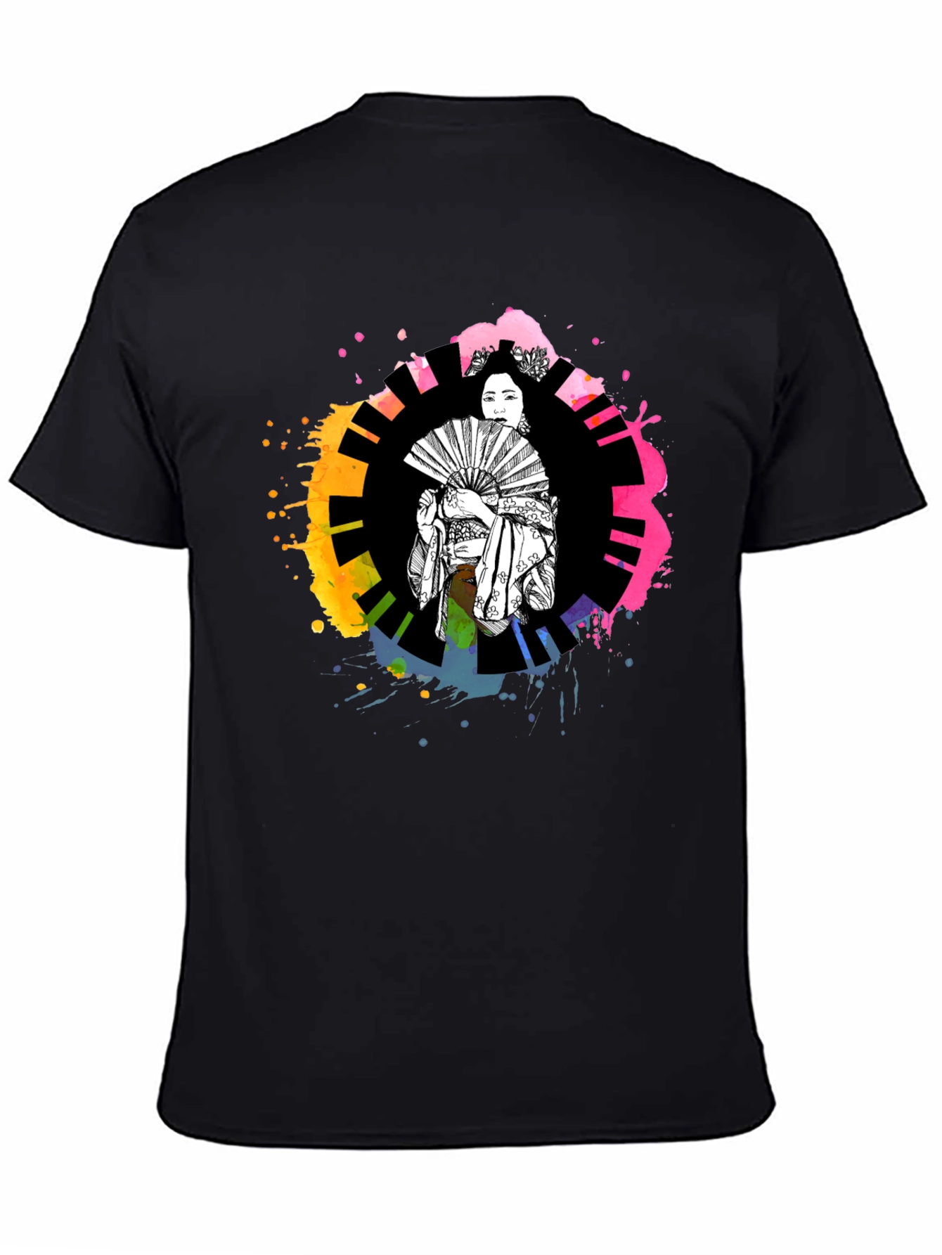 Black Geisha Art T-Shirt - Colorful Piano Design view 4