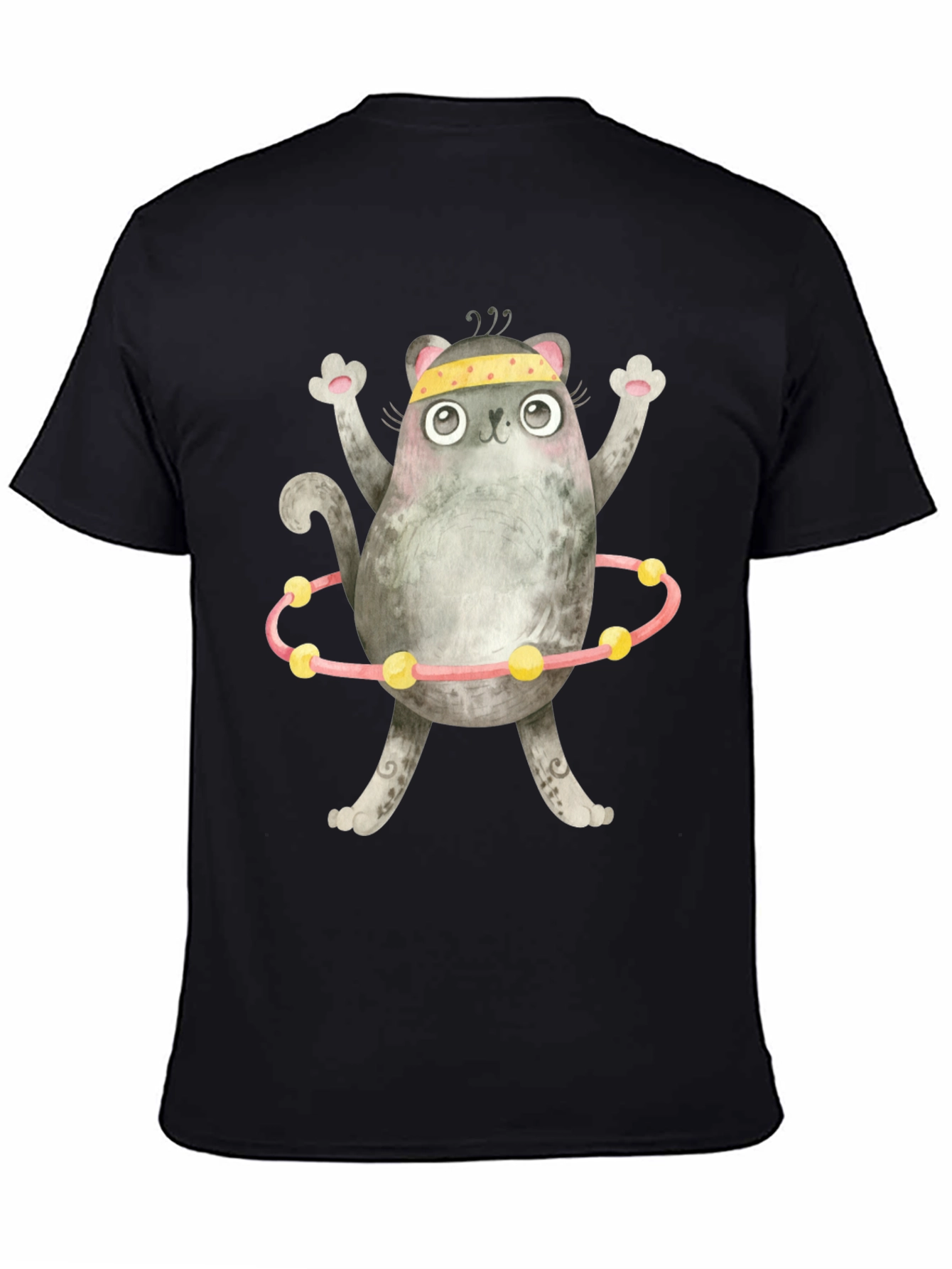 Black Funny Cat Hula Hoop Black T-Shirt view 4
