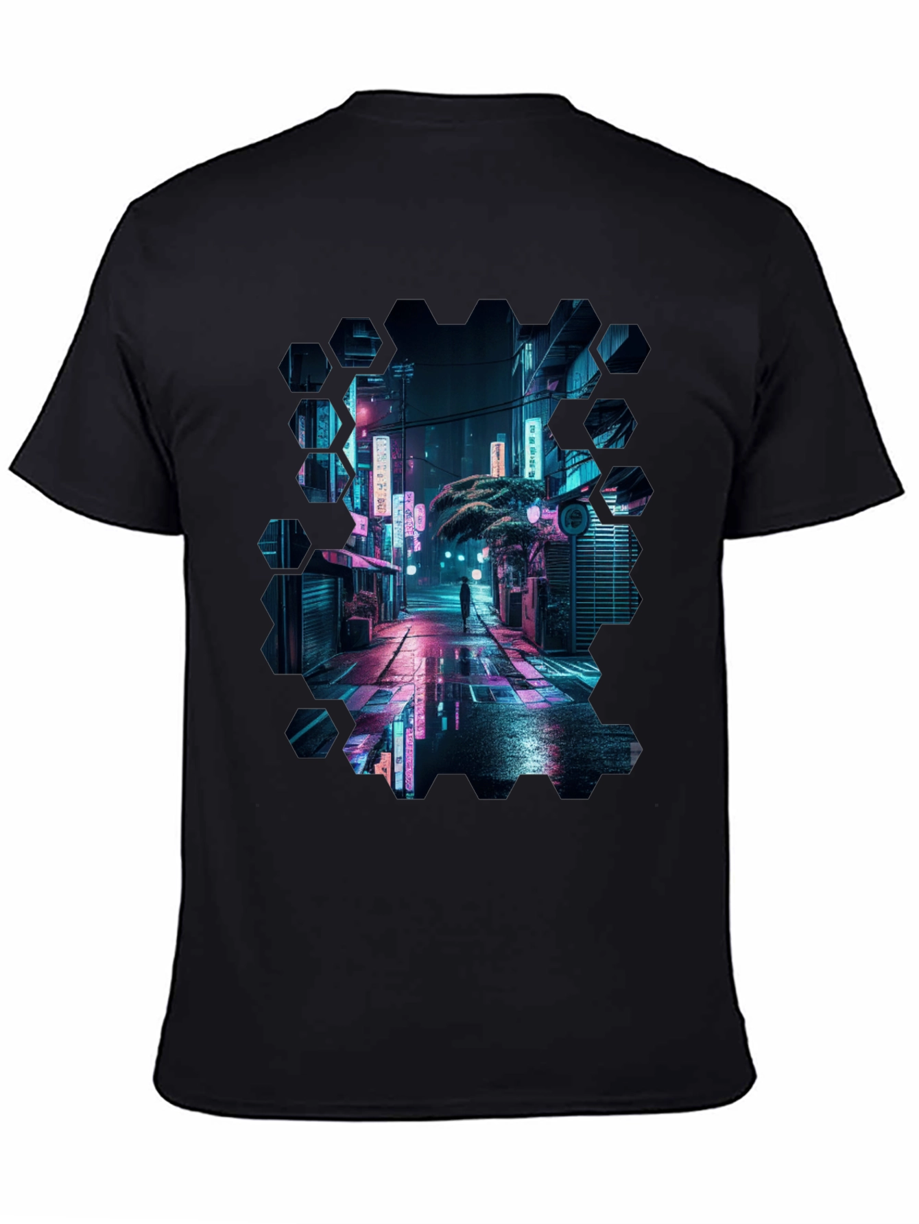 Black Cyberpunk Cityscape Black T-Shirt view 4