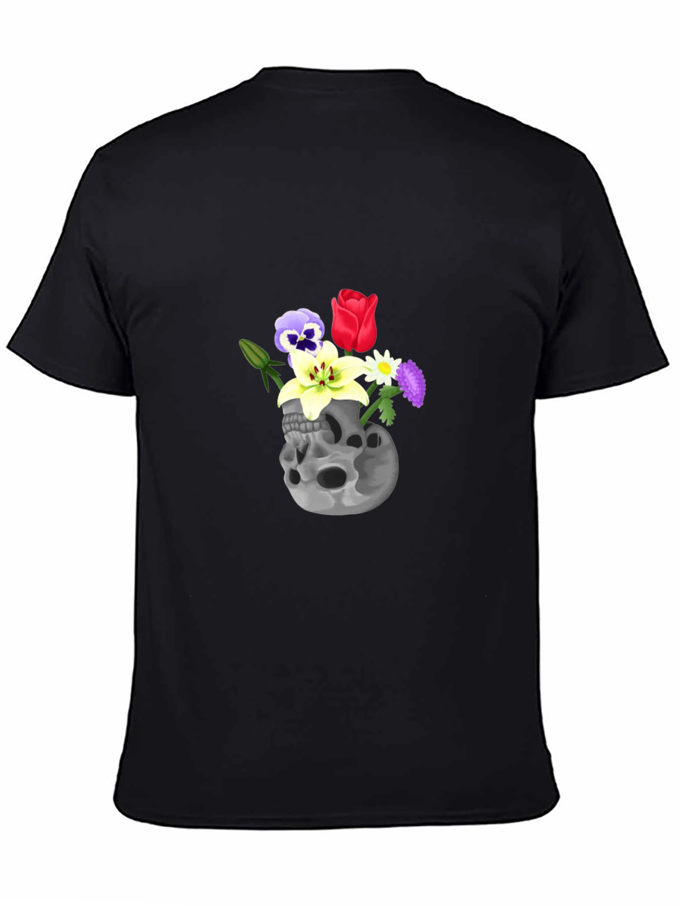 Black Skull & Flowers Graphic Tee - Black Cotton T-Shirt view 4