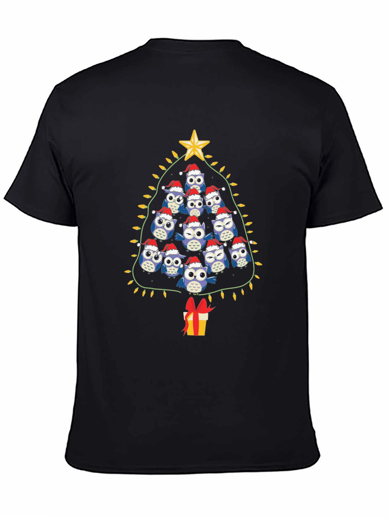 Black Festive Owl Christmas Tree T-Shirt view 4