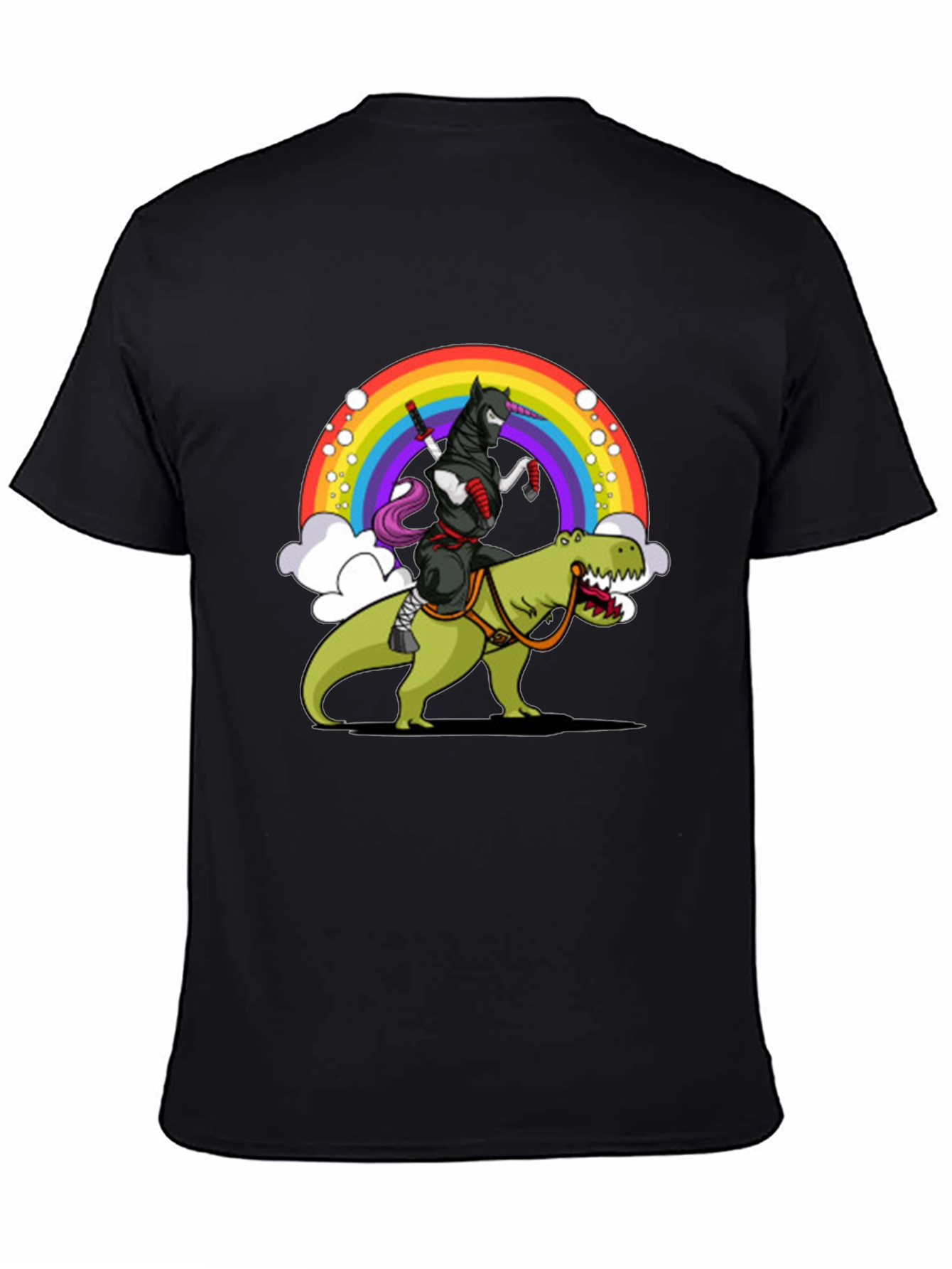 Black Ninja Unicorn Riding Dinosaur Rainbow T-Shirt view 4