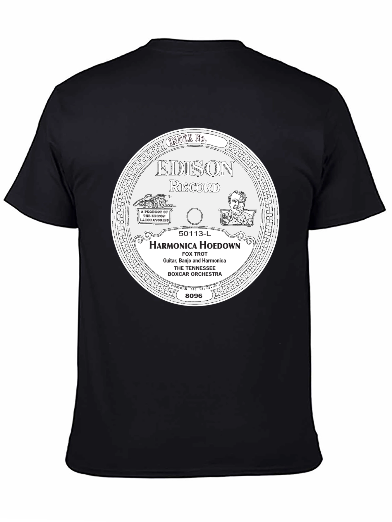 Black Edison Record Harmonica Hoedown T-Shirt view 4
