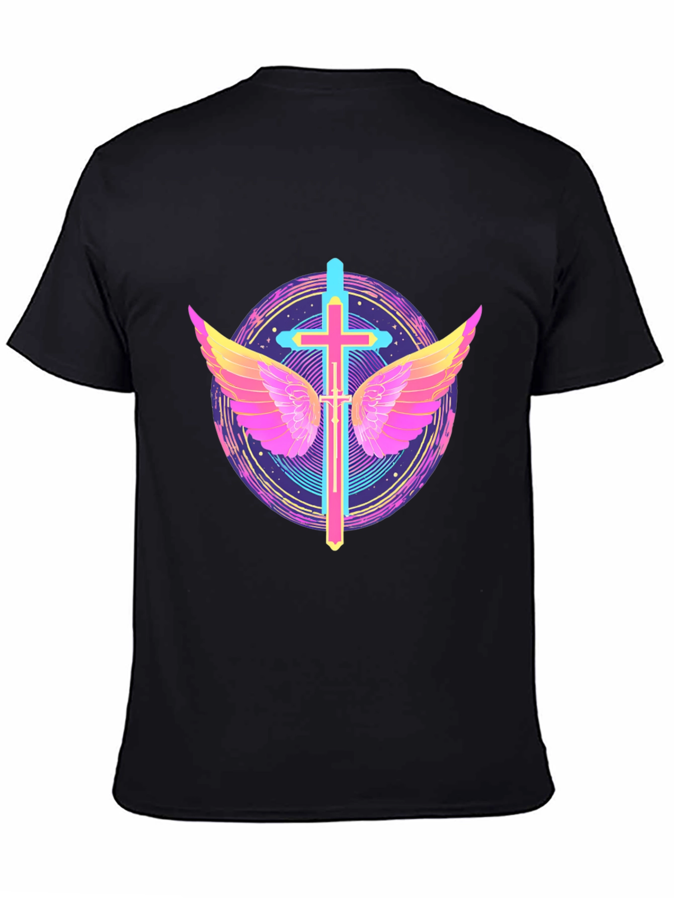 Black Neon Cross & Wings Graphic Black T-Shirt view 4