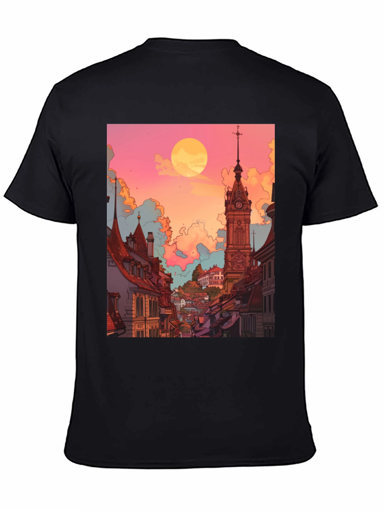 Black Retro Cityscape Graphic Tee - Unisex Black T-Shirt view 4
