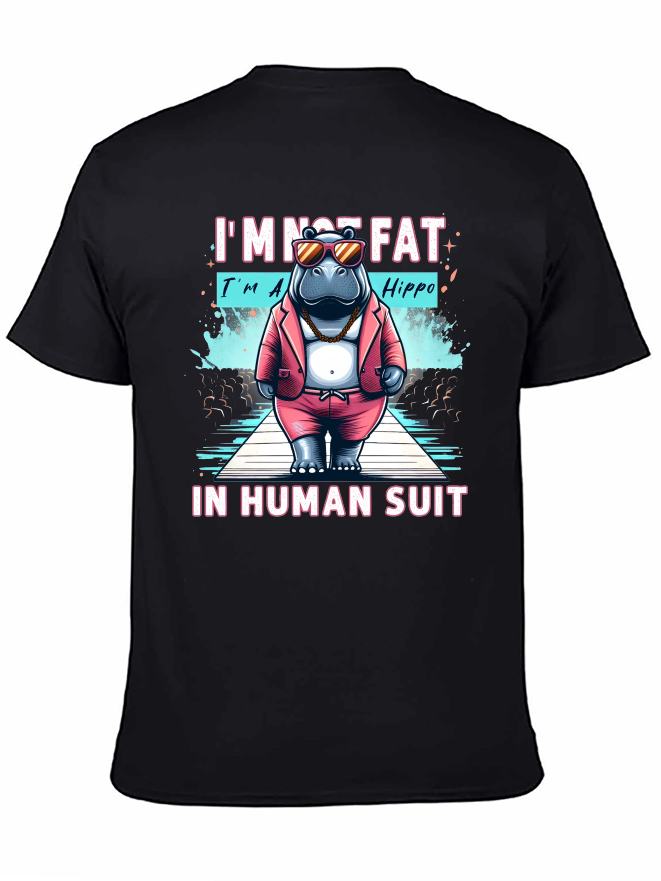 Black Funny Hippo in Human Suit Graphic Tee view 4