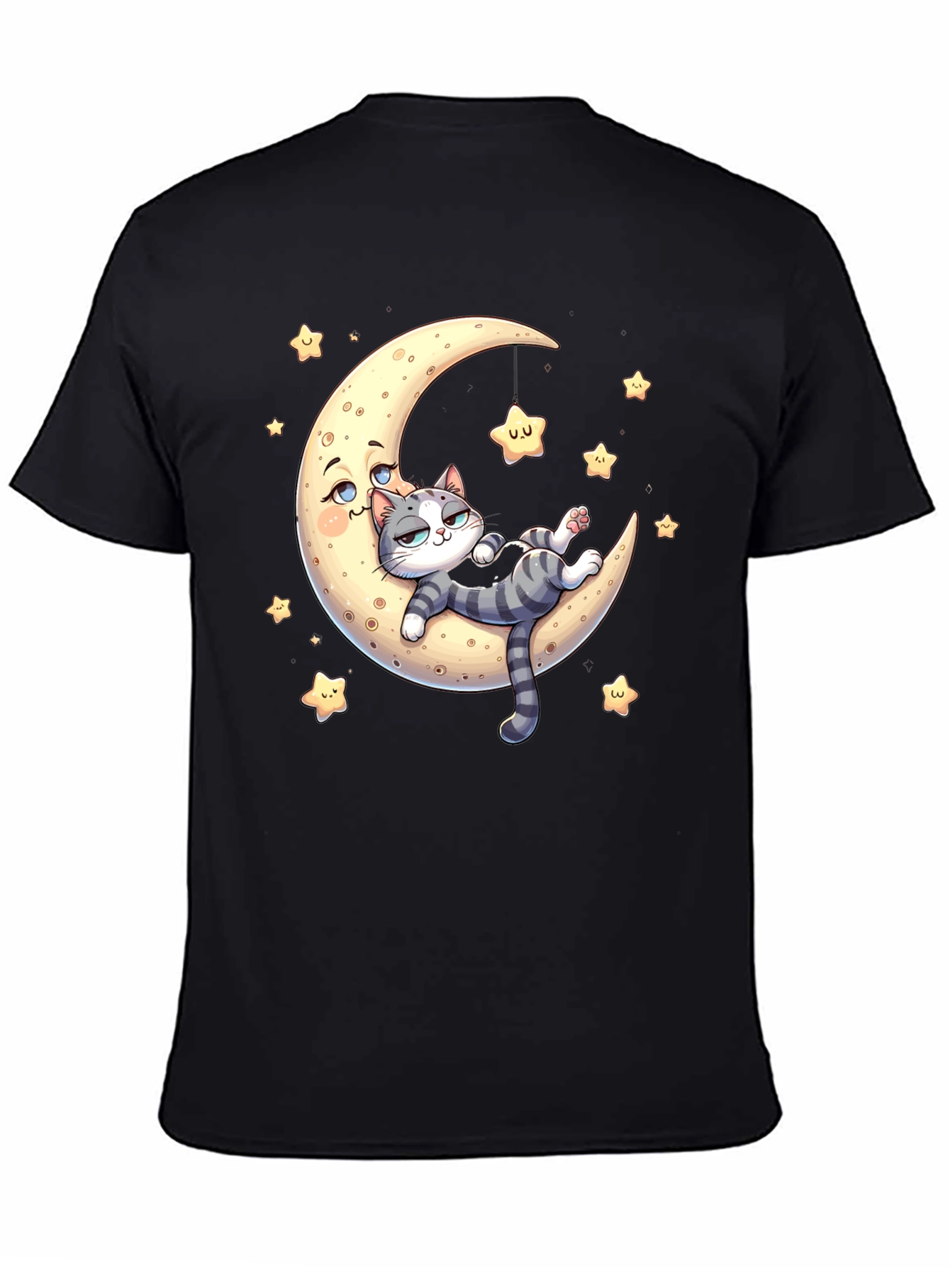 Black Cute Cat Moon Graphic T-Shirt view 4