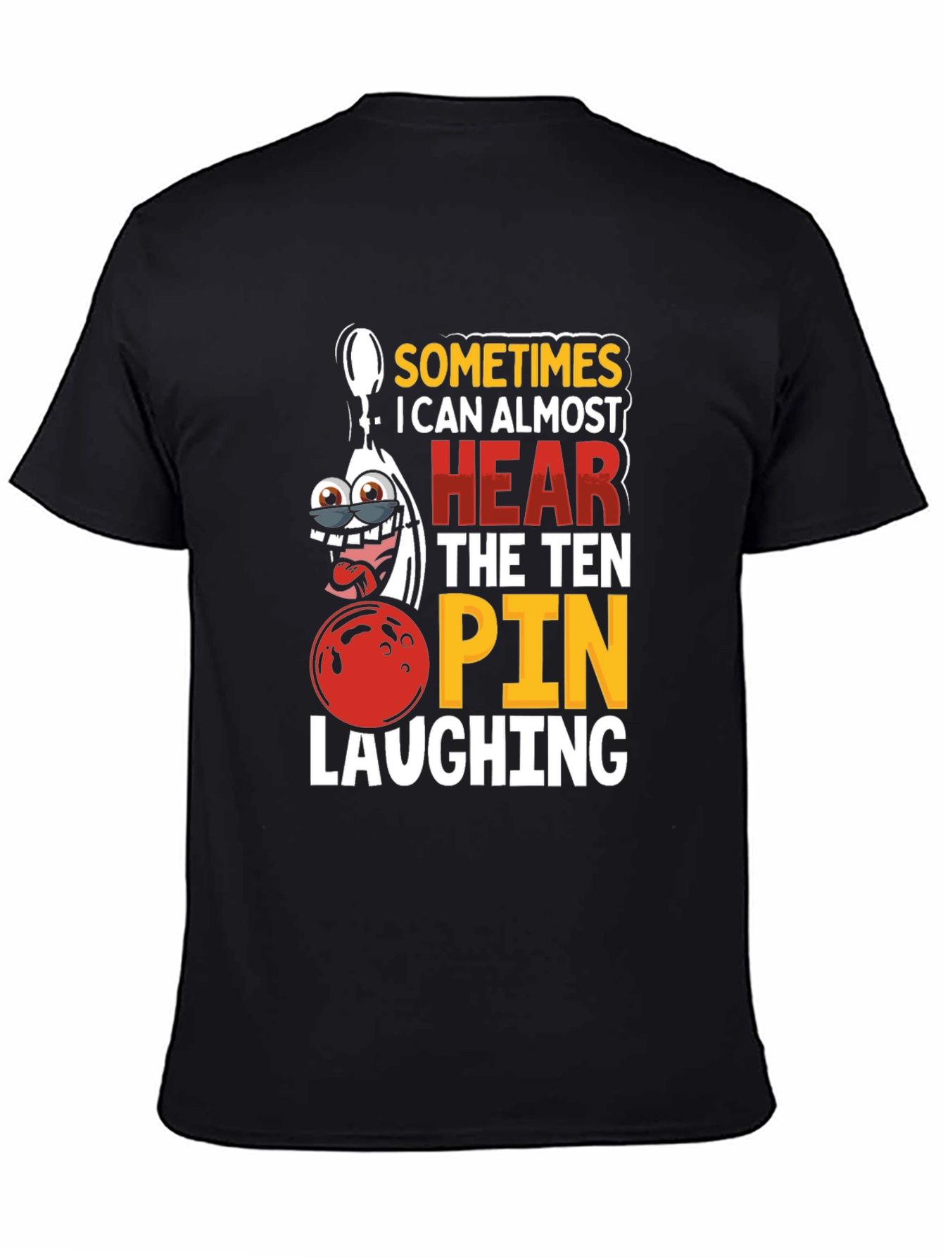 Black Funny Bowling T-Shirt: Ten Pin Laughing Graphic Tee view 4