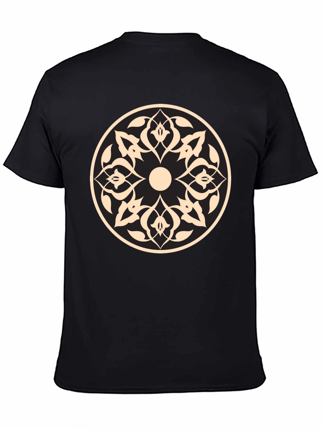 Black Black T-Shirt with Beige Geometric Mandala Design view 4