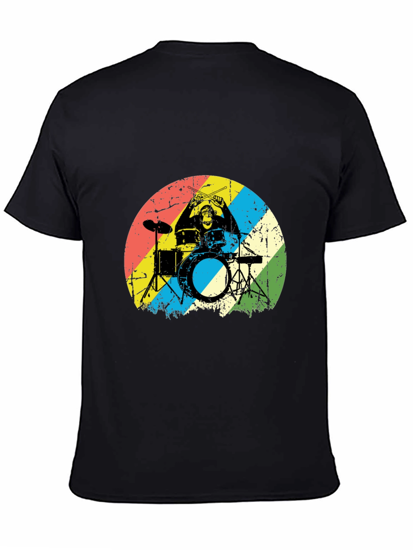 Black Monkey Drummer Graphic Tee - Retro Style Black T-Shirt view 4