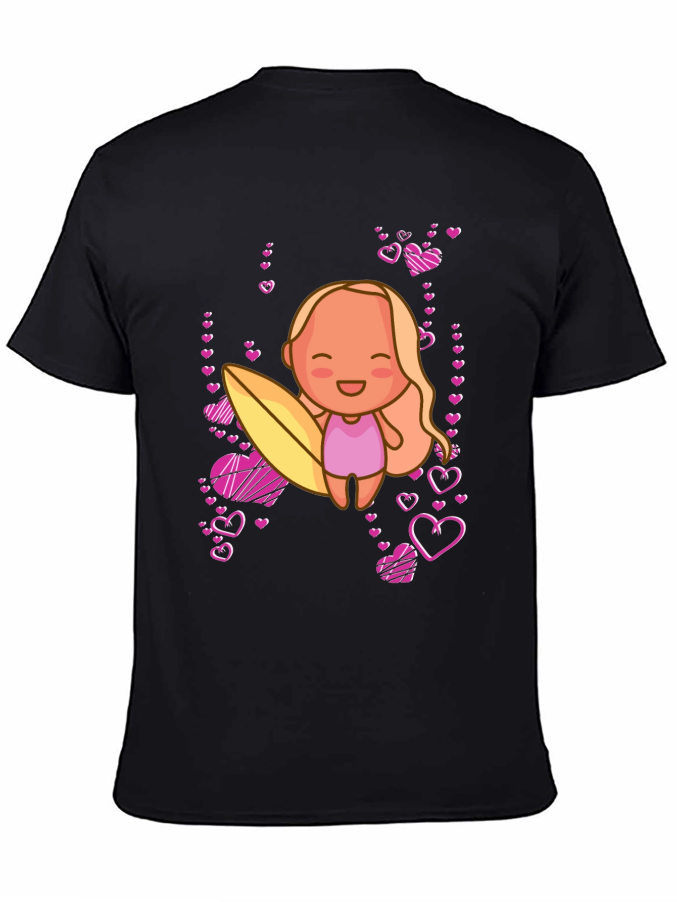 Black Cute Surfer Girl with Hearts Black T-Shirt view 4