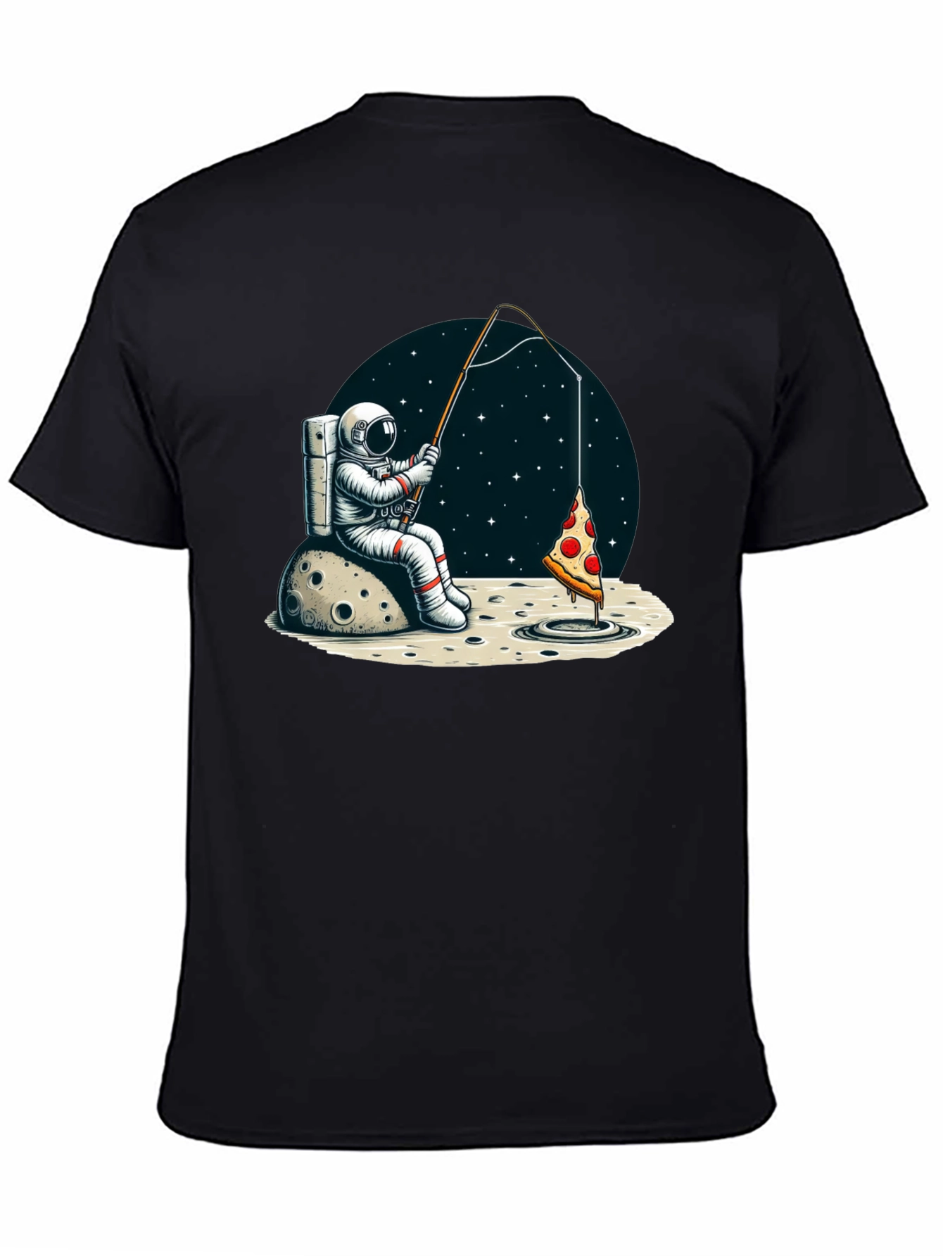 Black Astronaut Fishing for Pizza T-Shirt view 4