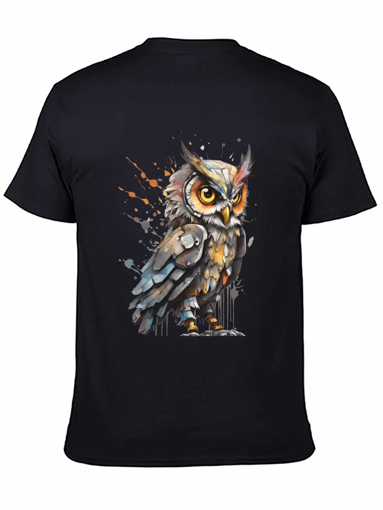 Black Artistic Owl Graphic Tee - Cool Bird T-Shirt view 4