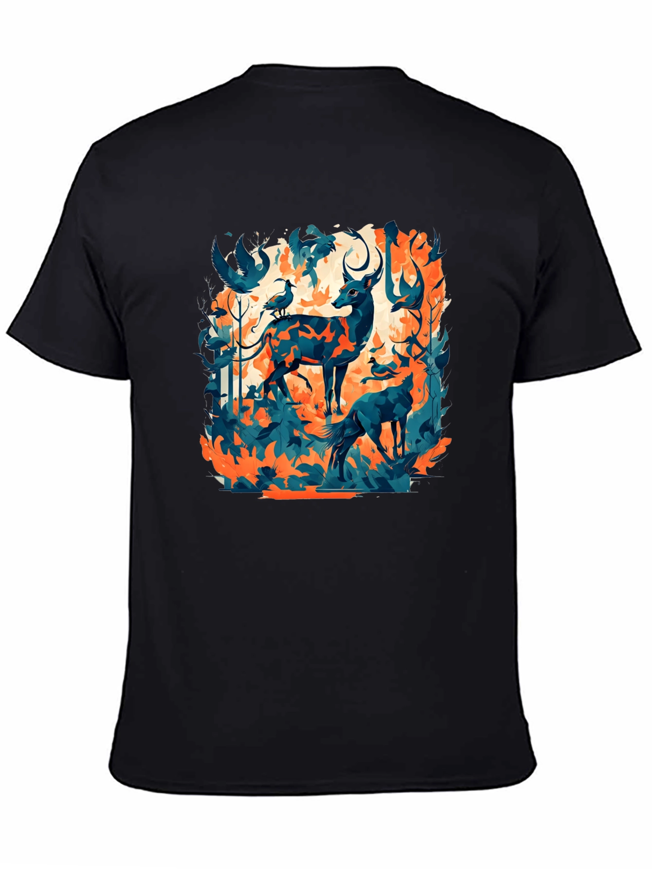 Black Nature Inspired Graphic Tee - Deer & Birds Design view 4
