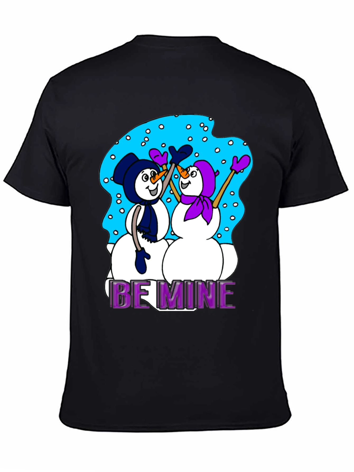 Black Snowman T-Shirt: "Be Mine" Valentine's Day Black Tee view 4