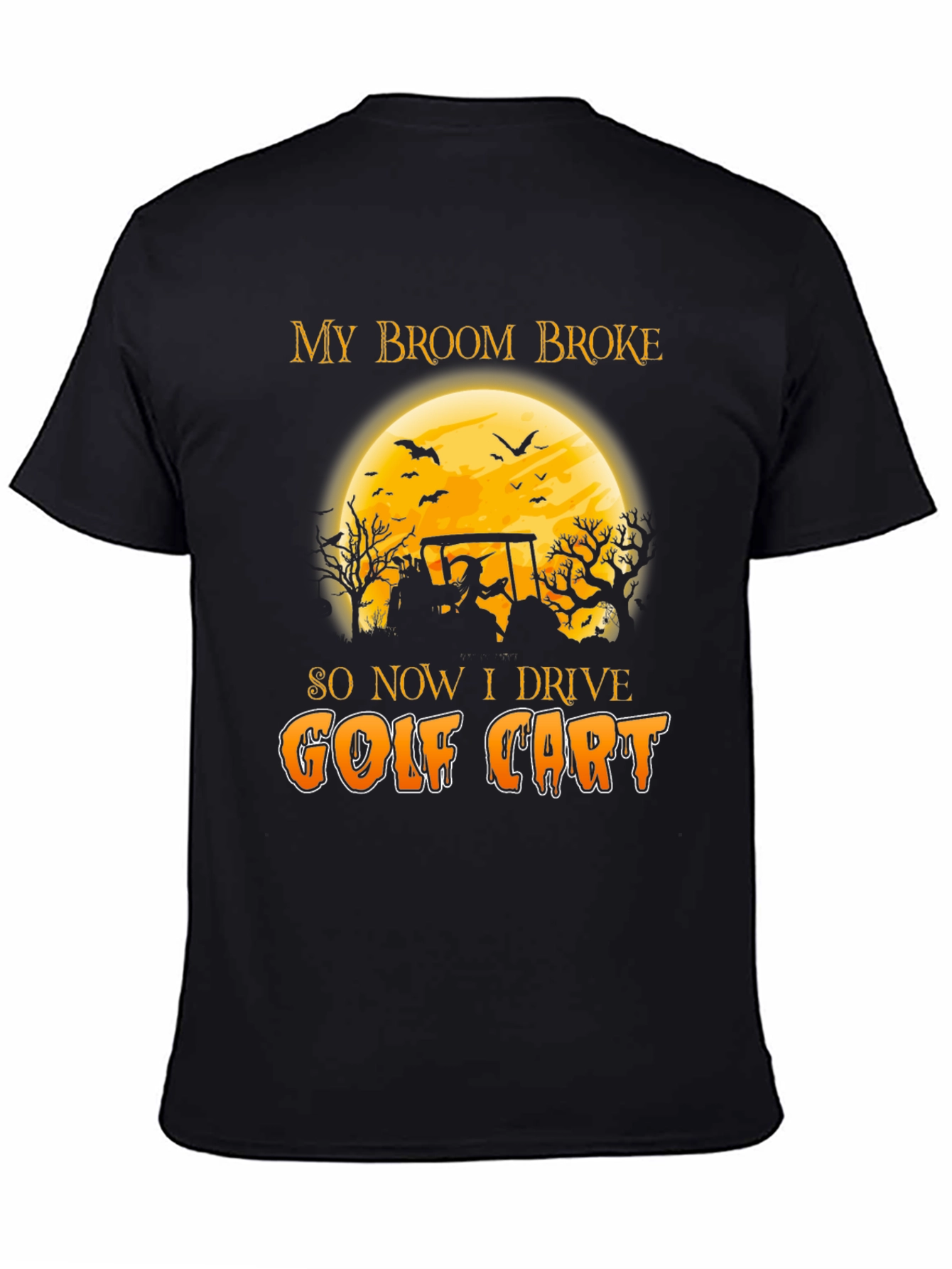 Black Halloween Witch Golf Cart T-Shirt - Funny Fall Tee view 4
