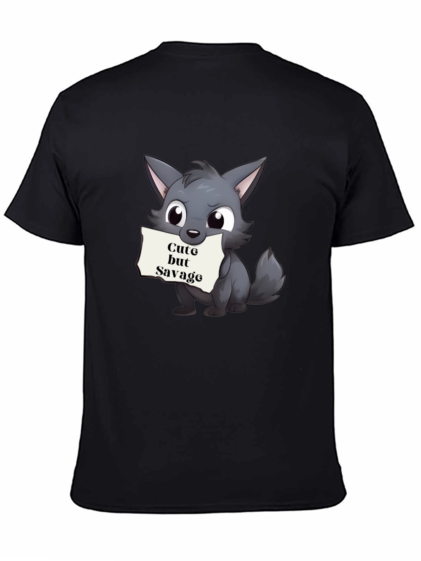 Black Cute but Savage Cartoon Wolf Black T-Shirt view 4