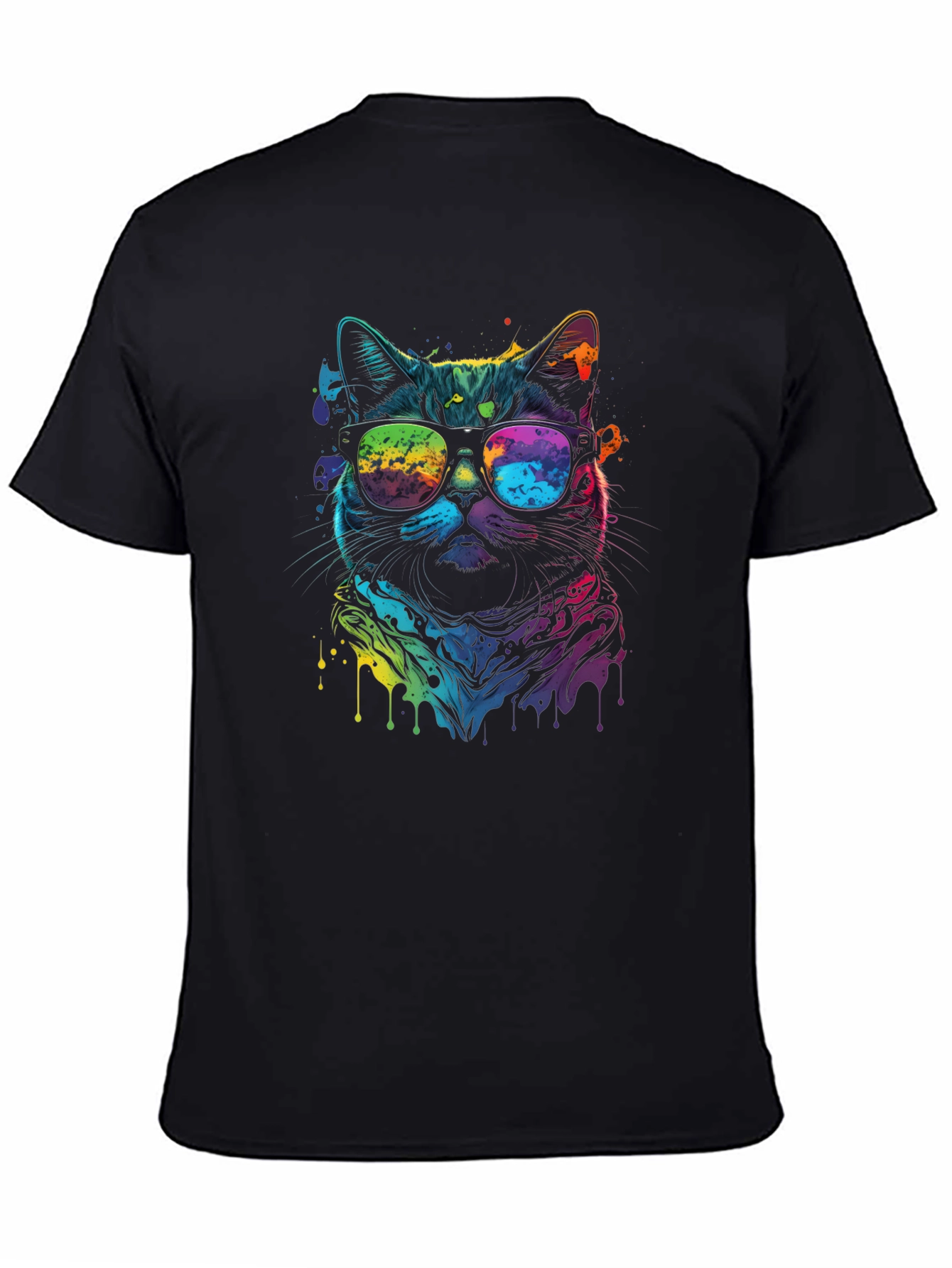Black Cool Cat Tee - Vibrant Rainbow Graphic view 4
