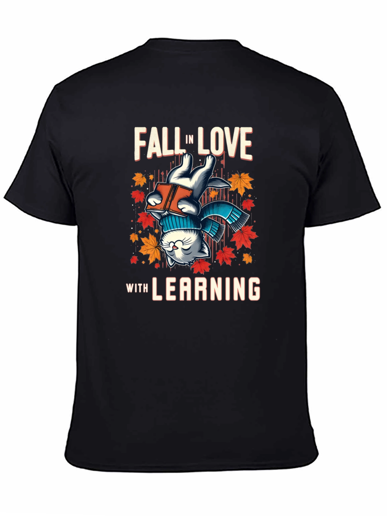 Black Fall in Love with Learning Cat T-Shirt view 4