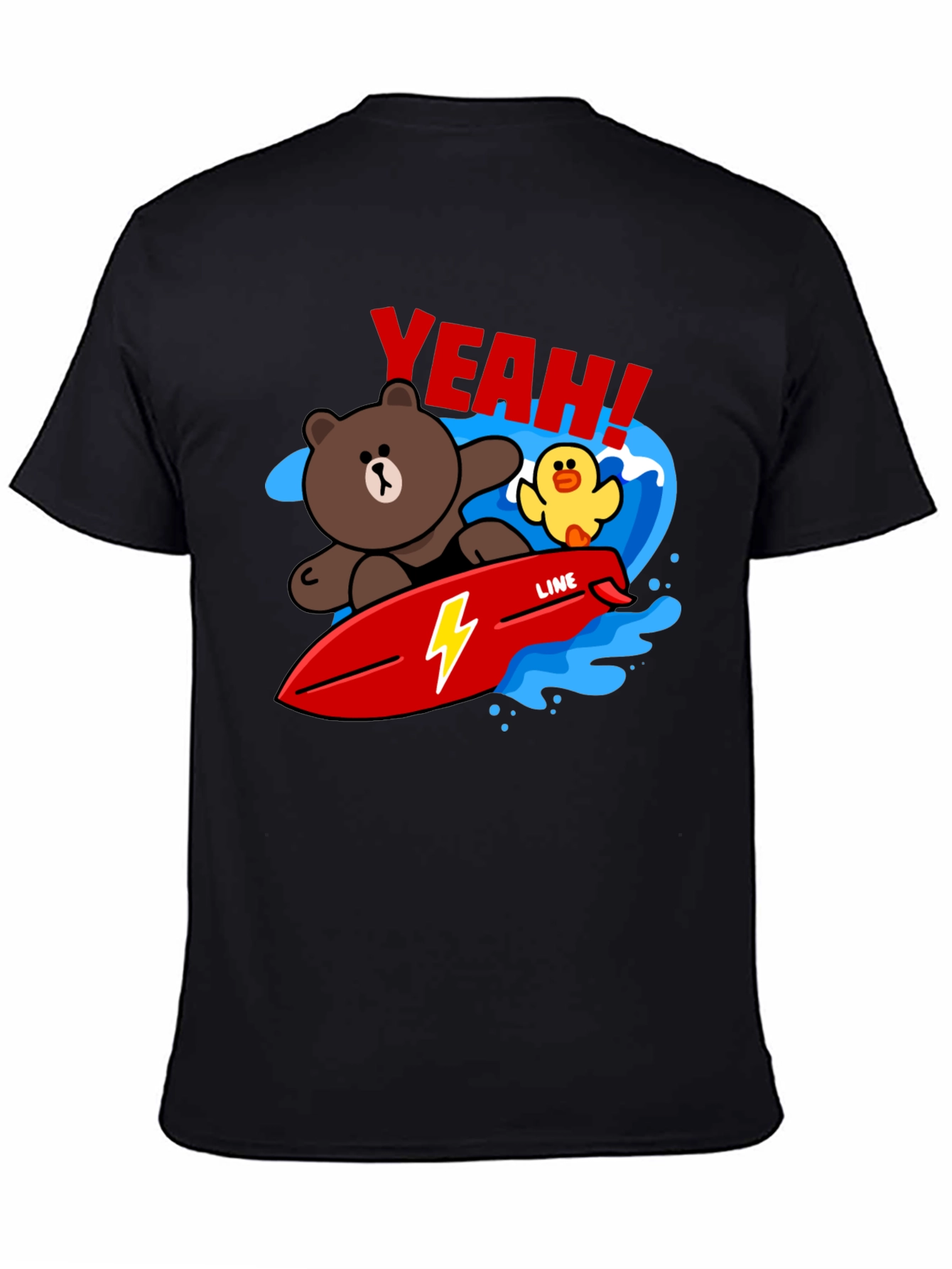 Black Cartoon Bear Surfing Graphic T-Shirt view 4