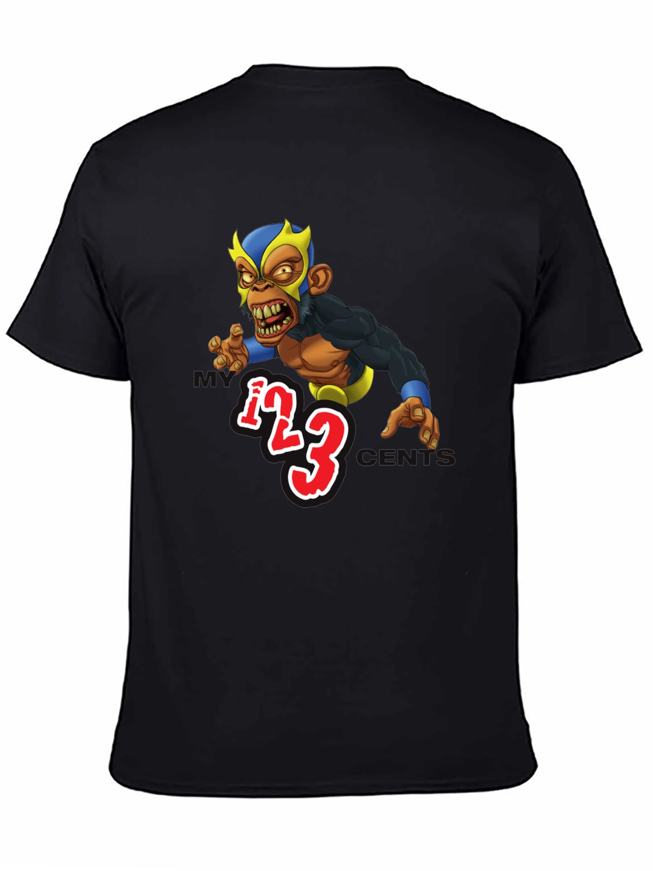 Black Wrestling Monkey Cartoon Graphic Black T-Shirt view 4