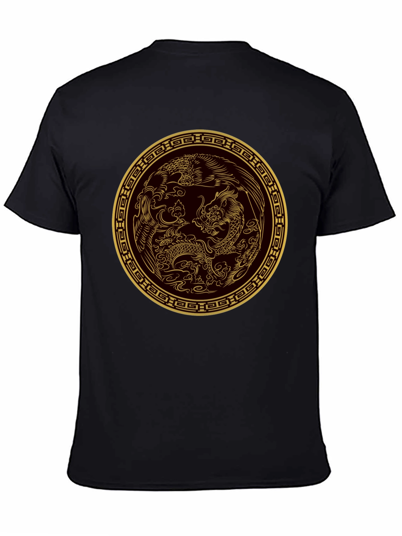 Black Dragon and Phoenix Gold Print Black T-Shirt view 4