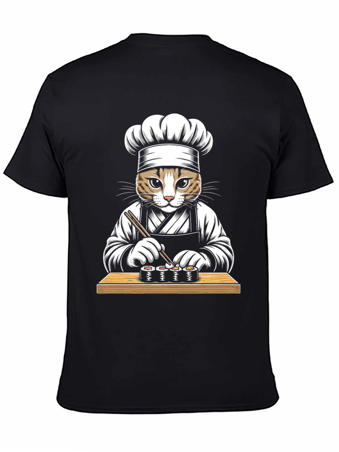 Black Cat Sushi Chef Graphic Tee - Unisex Black T-Shirt view 4