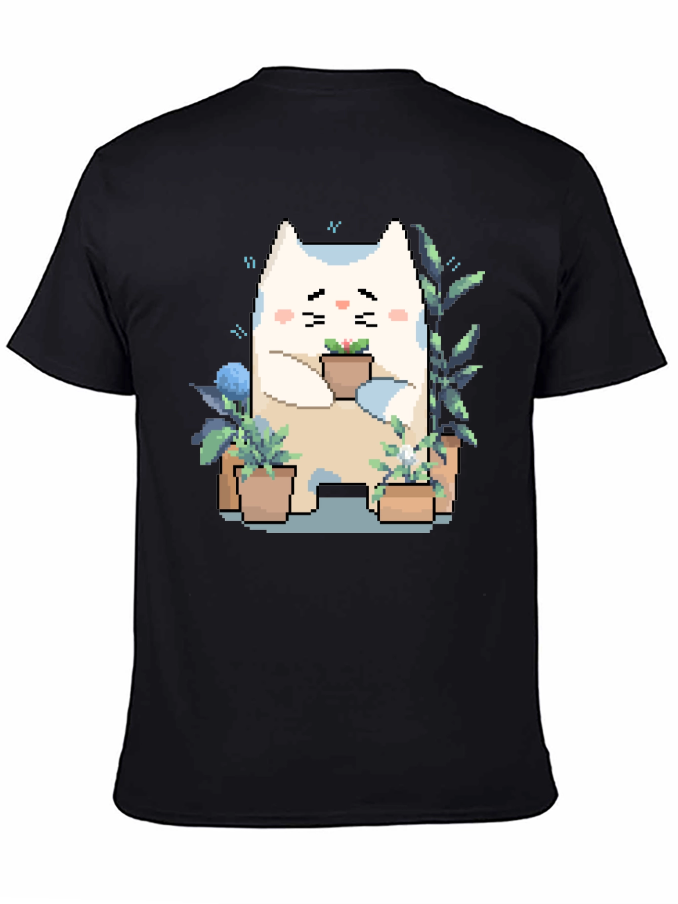 Black Cute Pixel Cat with Plants Black T-Shirt view 4