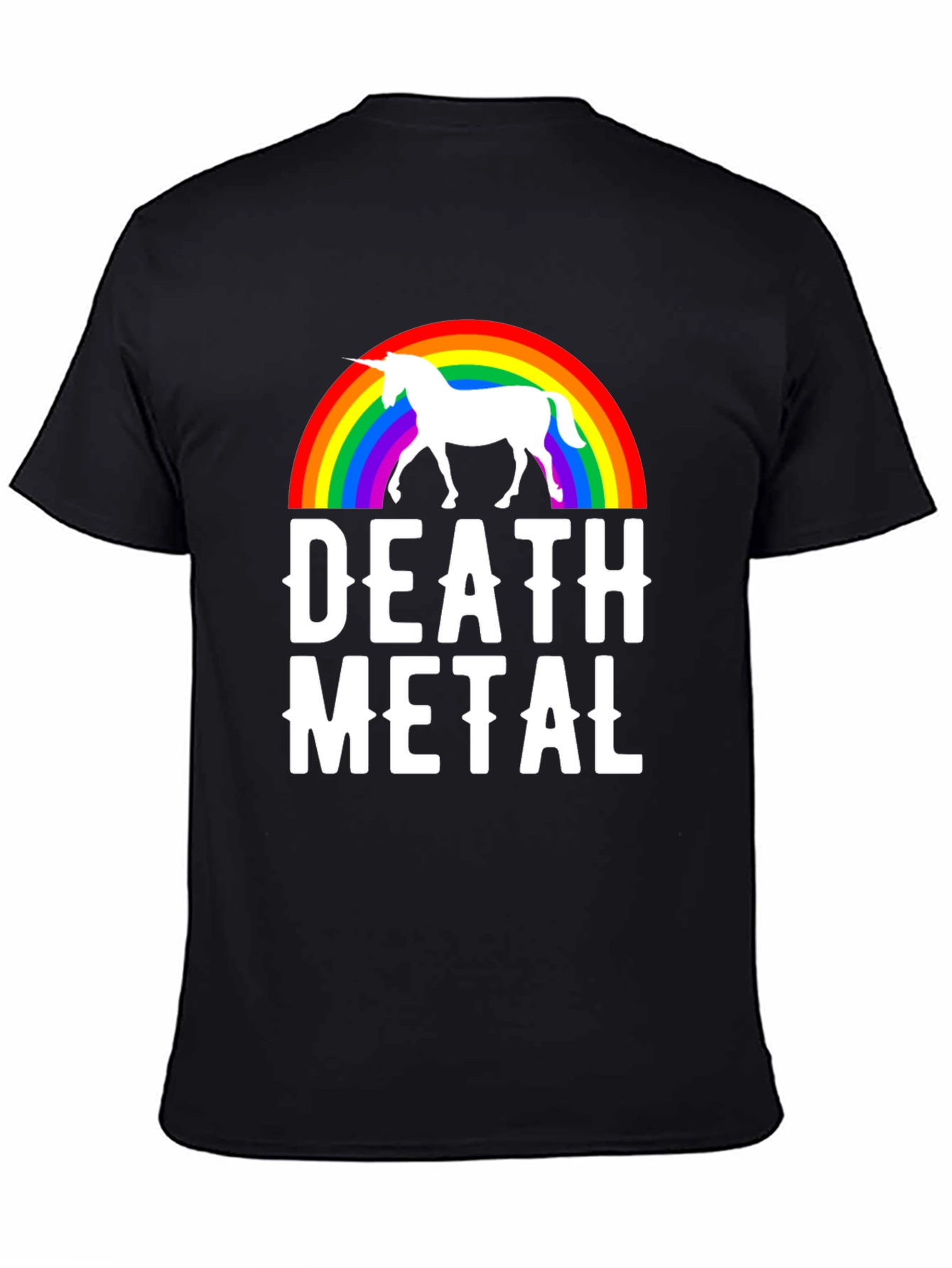 Black Death Metal Unicorn Rainbow T-Shirt - Black Cotton Tee view 4