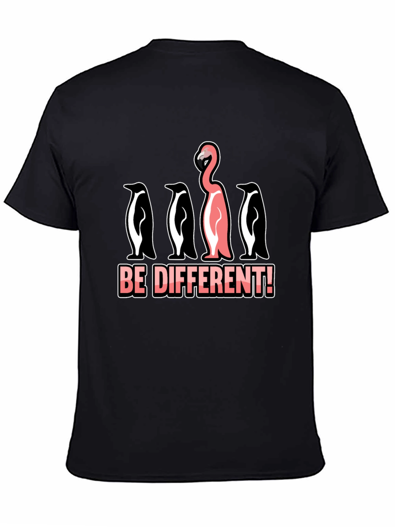 Black Be Different T-Shirt Flamingo Penguin Graphic Novelty Tee view 4
