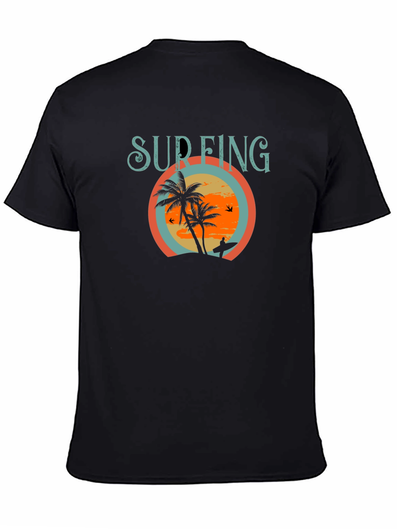 Black Surfing Palm Tree Graphic Tee - Black Cotton T-Shirt view 4