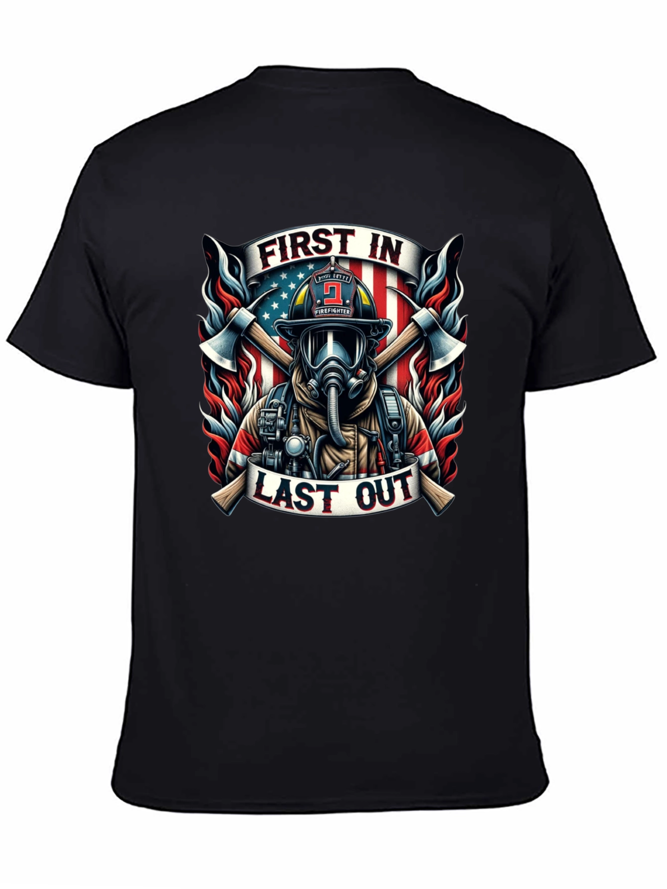 Black First In Last Out Firefighter Graphic Tee view 4