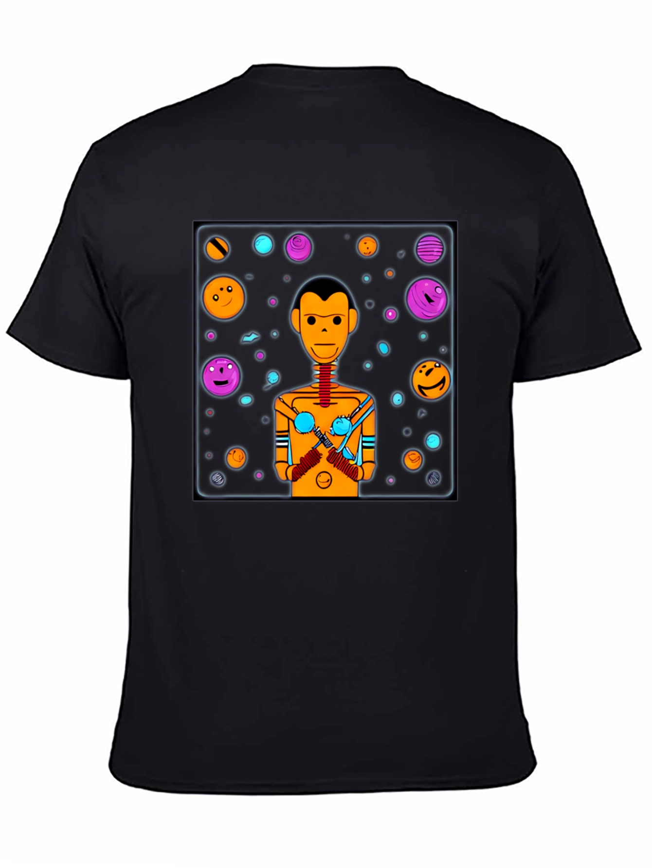 Black Retro Robot Graphic Tee - Black Cotton Blend view 4