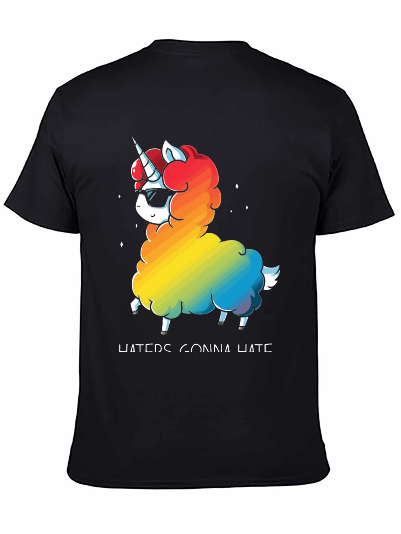 Black Unicorn Llama Rainbow T-Shirt - "Haters Gonna Hate" view 4