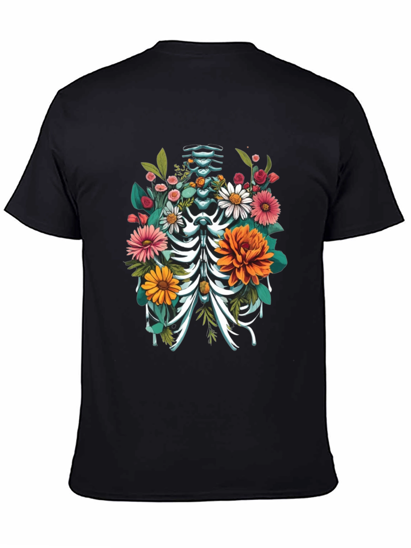 Black Floral Skeleton Rib Cage Graphic T-Shirt view 4