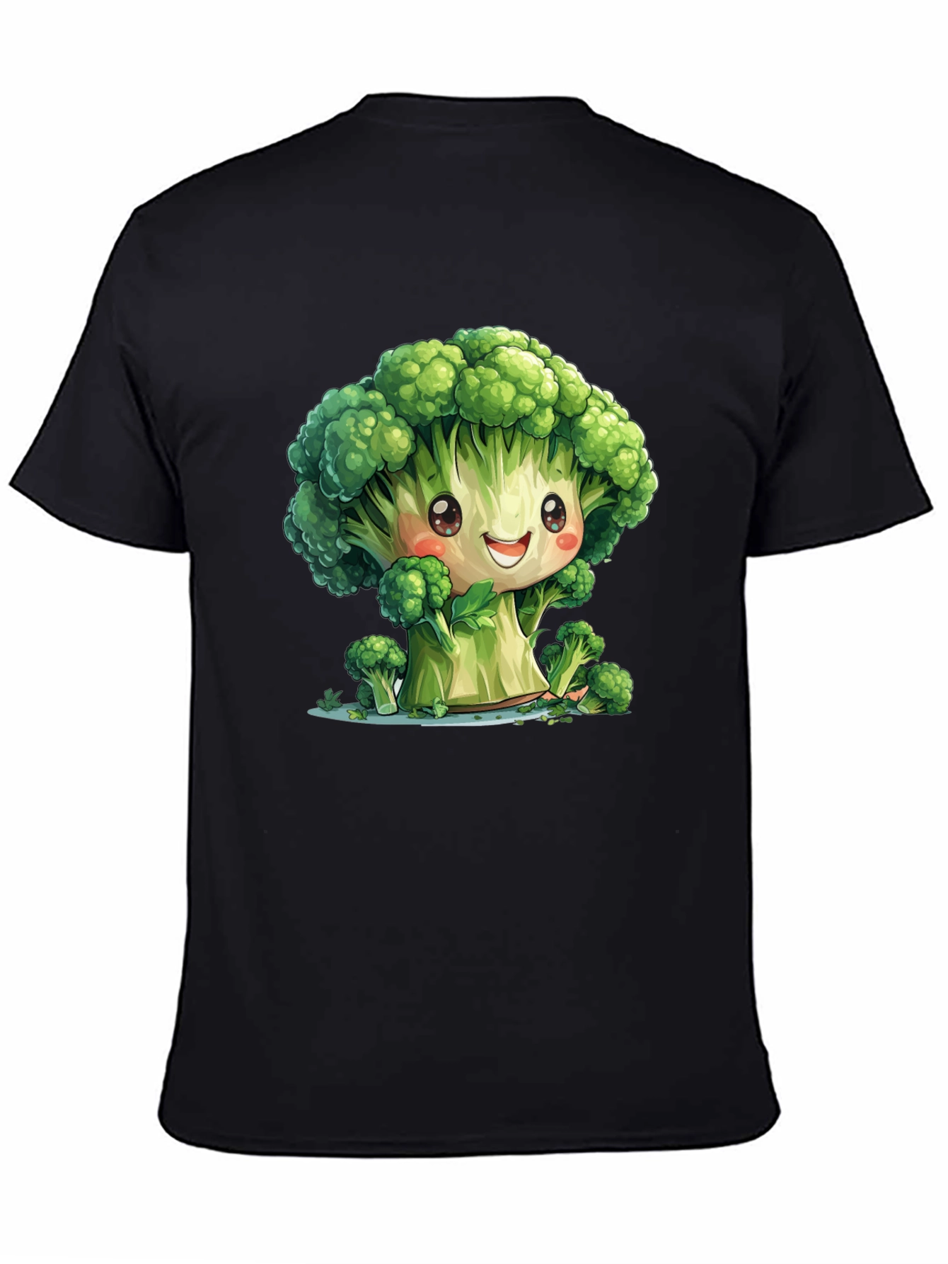 Black Cute Broccoli Cartoon Black T-Shirt view 4