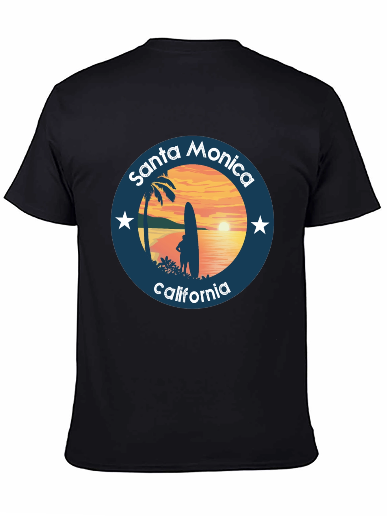 Black Santa Monica California T-Shirt Surfer Design view 4