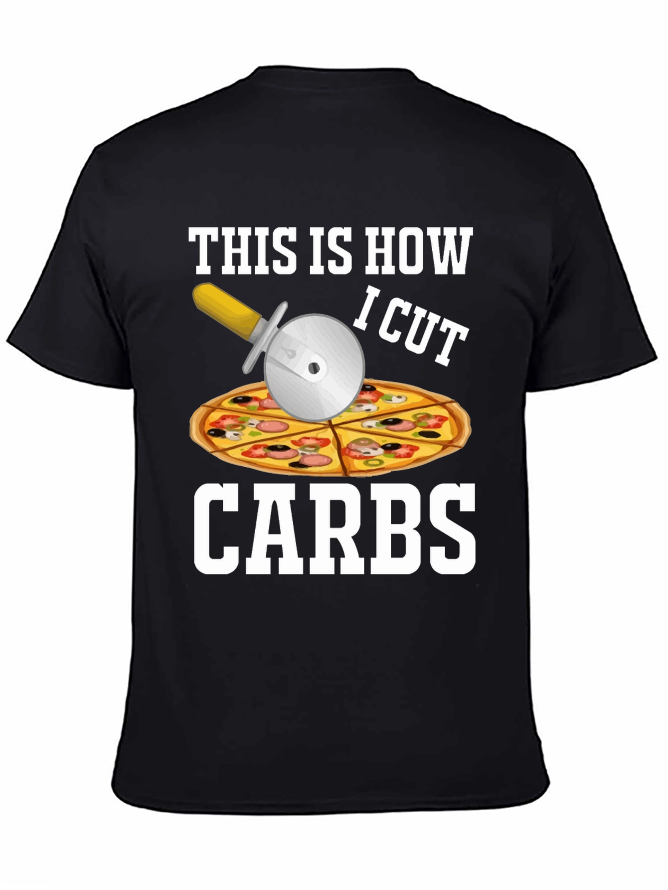 Black Funny Pizza Cutter "Carbs" T-Shirt view 4