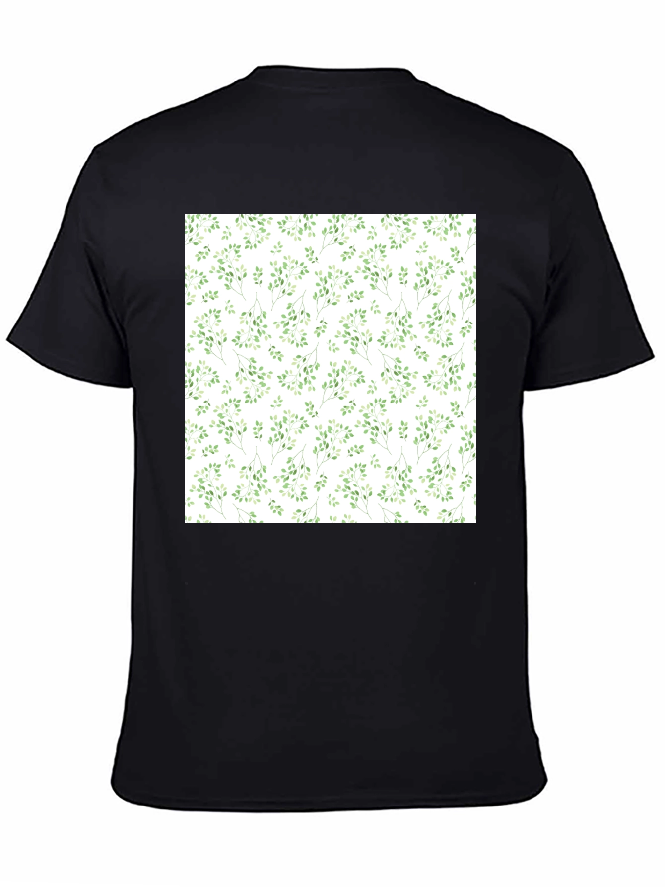 Black Green Leaves Patterned Black T-Shirt view 4