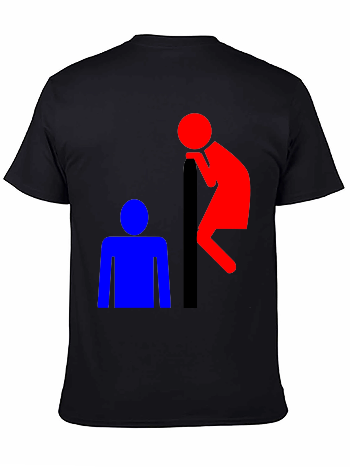 Black Funny T-Shirt: Red Peeping Tom and Blue Figure view 4