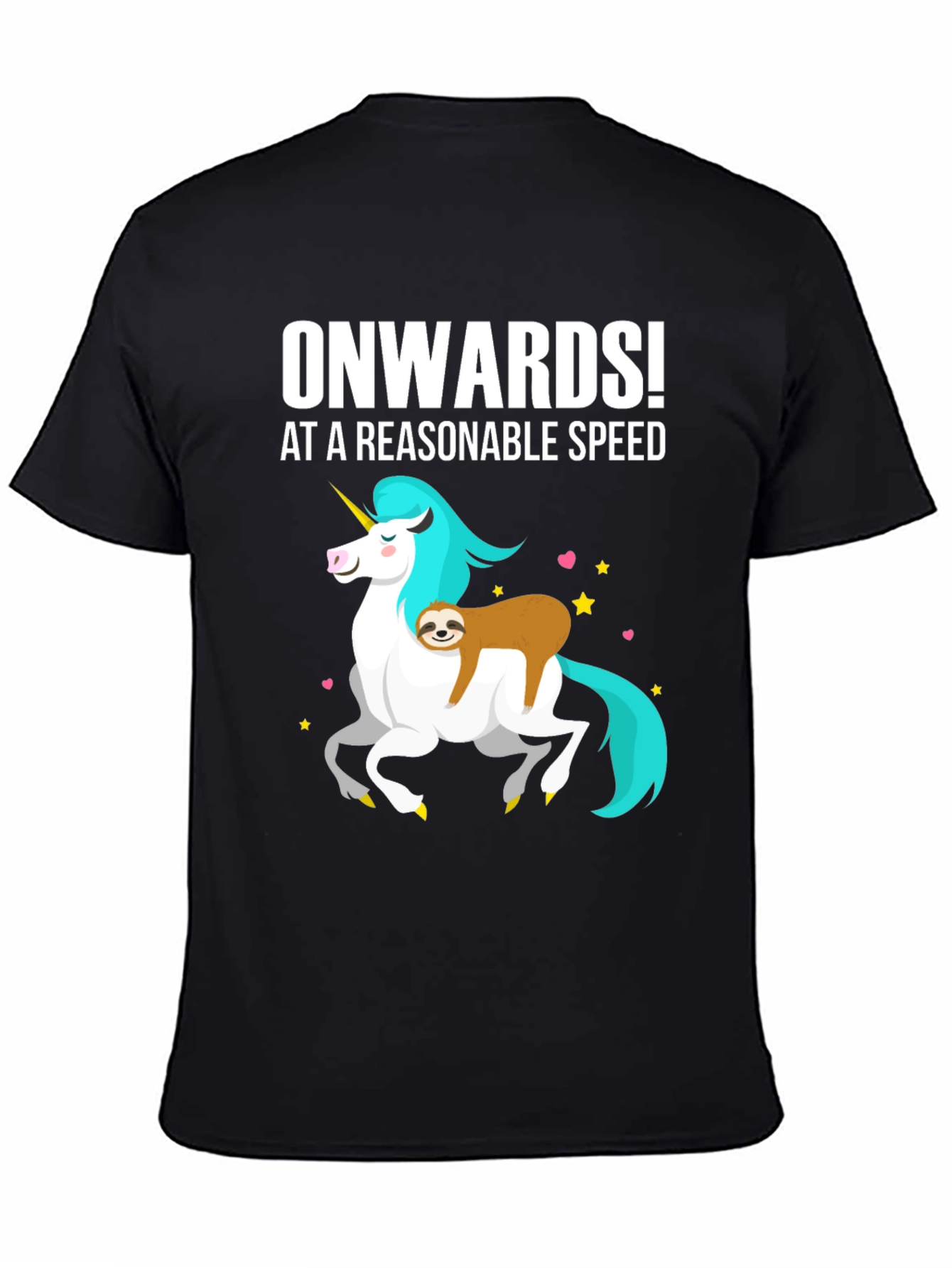 Black Onwards! Sloth Riding Unicorn Graphic Tee view 4