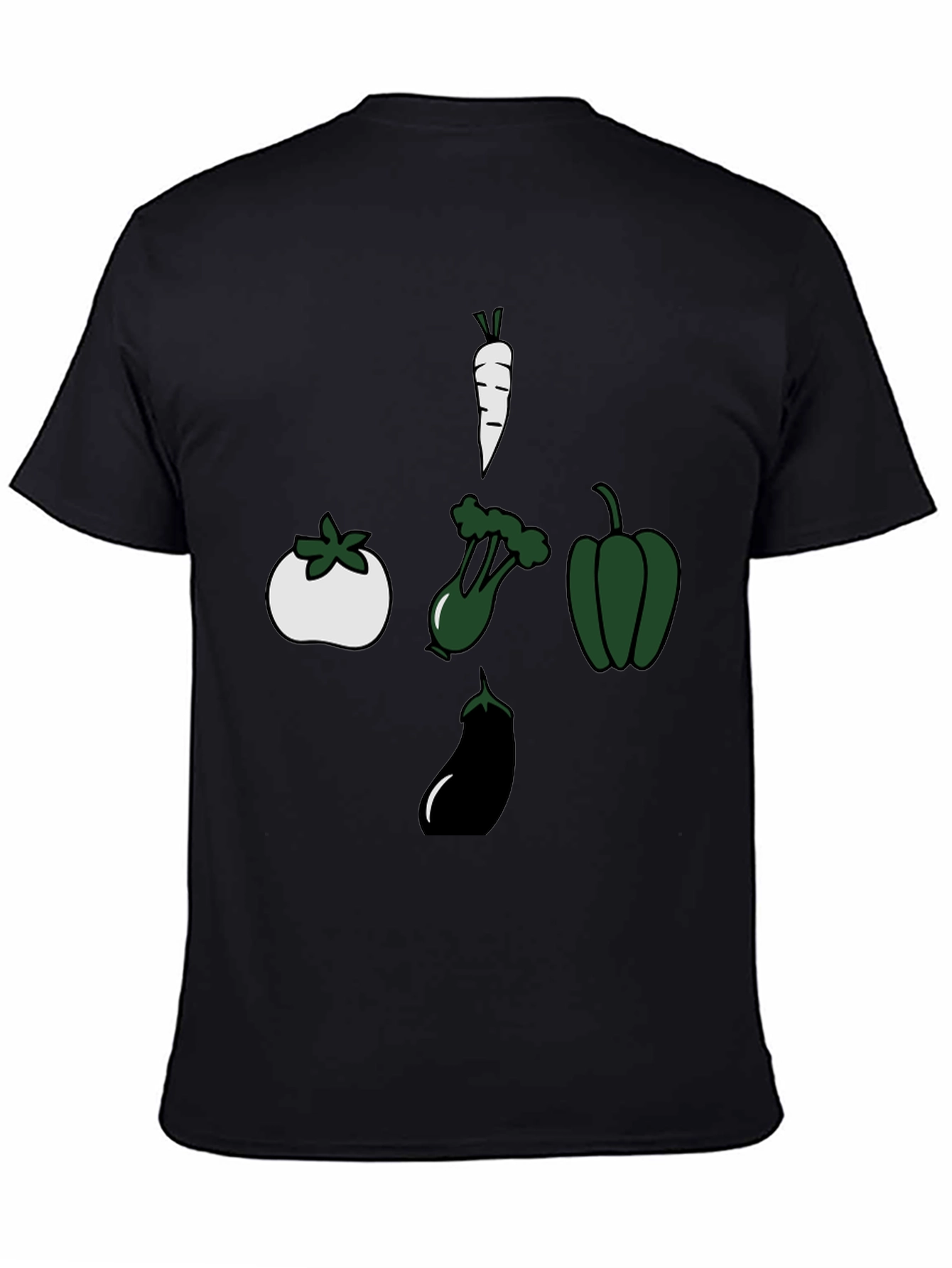 Black Veggie Cross T-Shirt: Carrot, Tomato, Eggplant, Pepper view 4