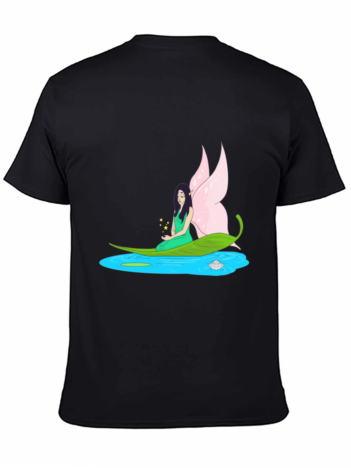 Black Fairy Water Lily Leaf Boat Black T-Shirt view 4