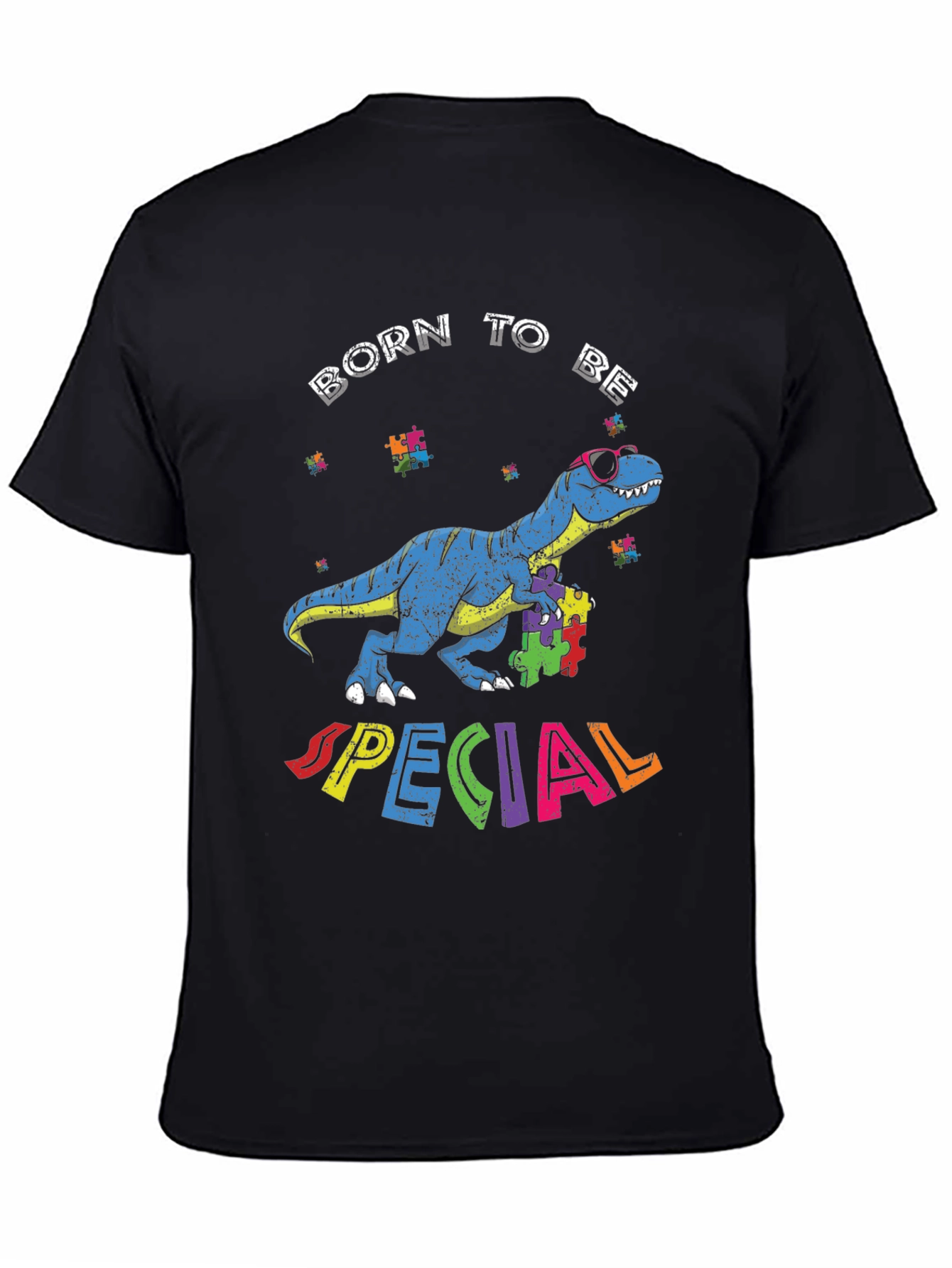 Black Born to Be Special Autism Awareness Dinosaur T-Shirt view 4