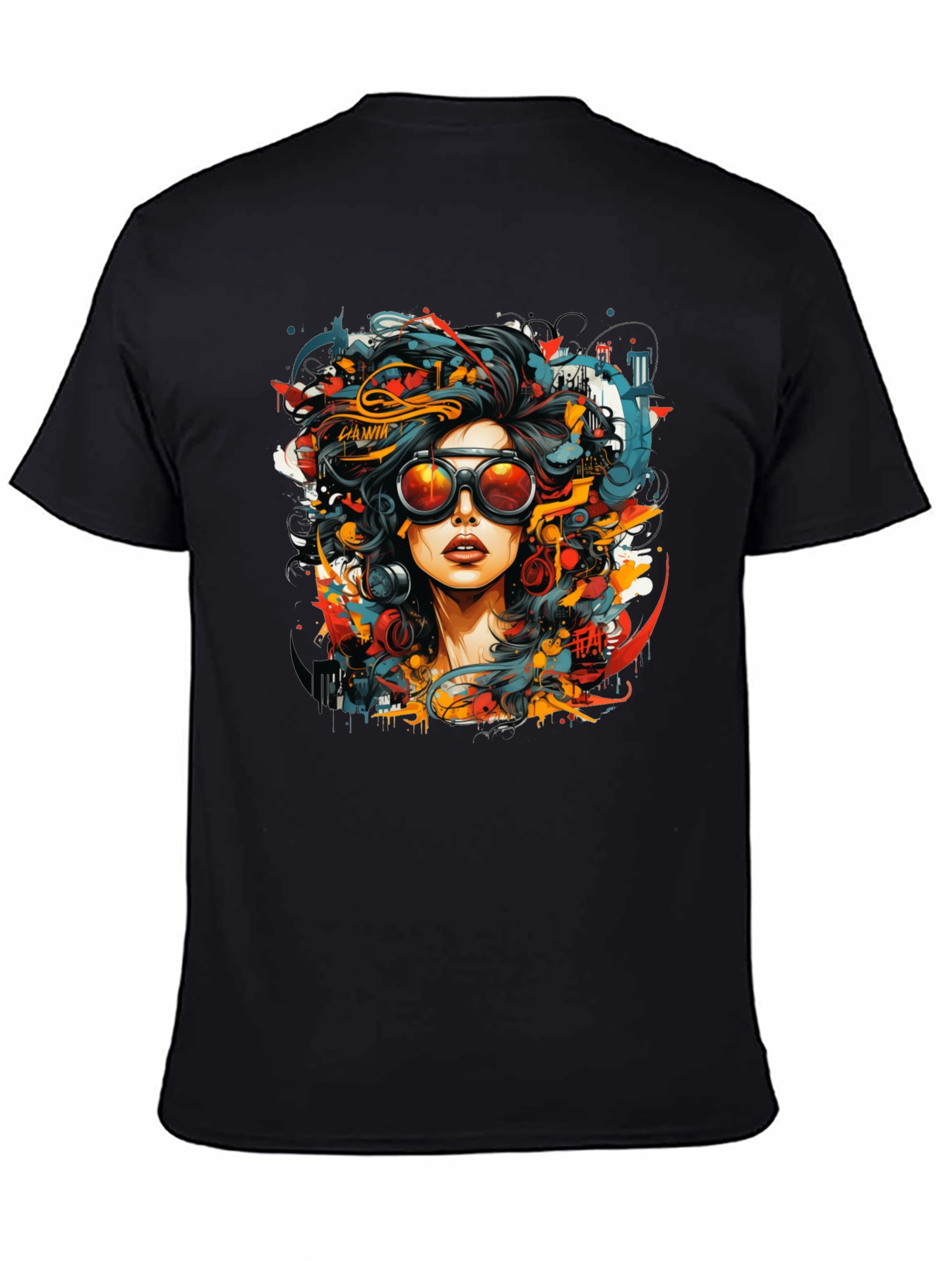Black Abstract Woman Graphic Tee - Black Cotton T-Shirt view 4